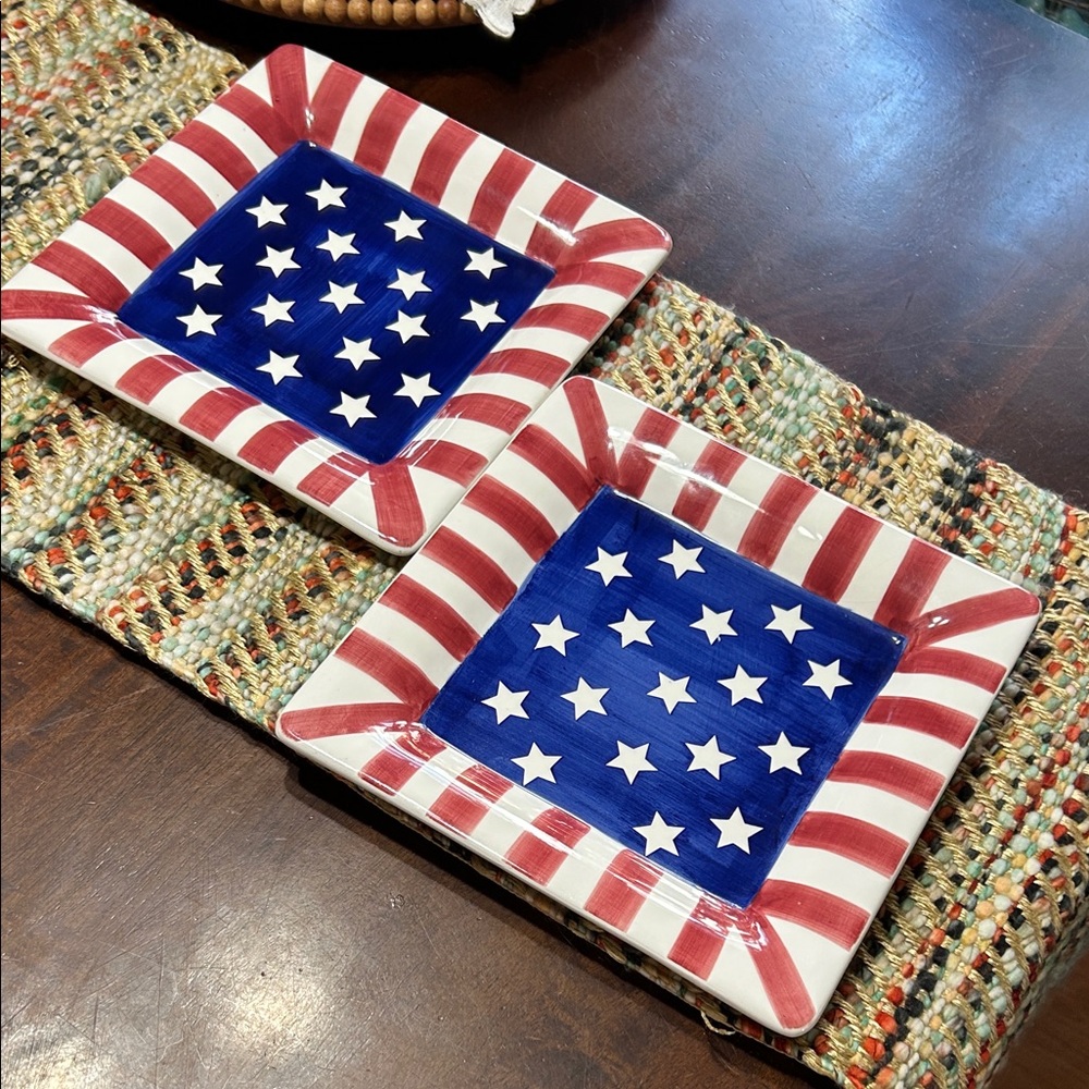 World Bazaars Inc Ceramic Hand Painted Red White Blue Plates Two Piece Bundle